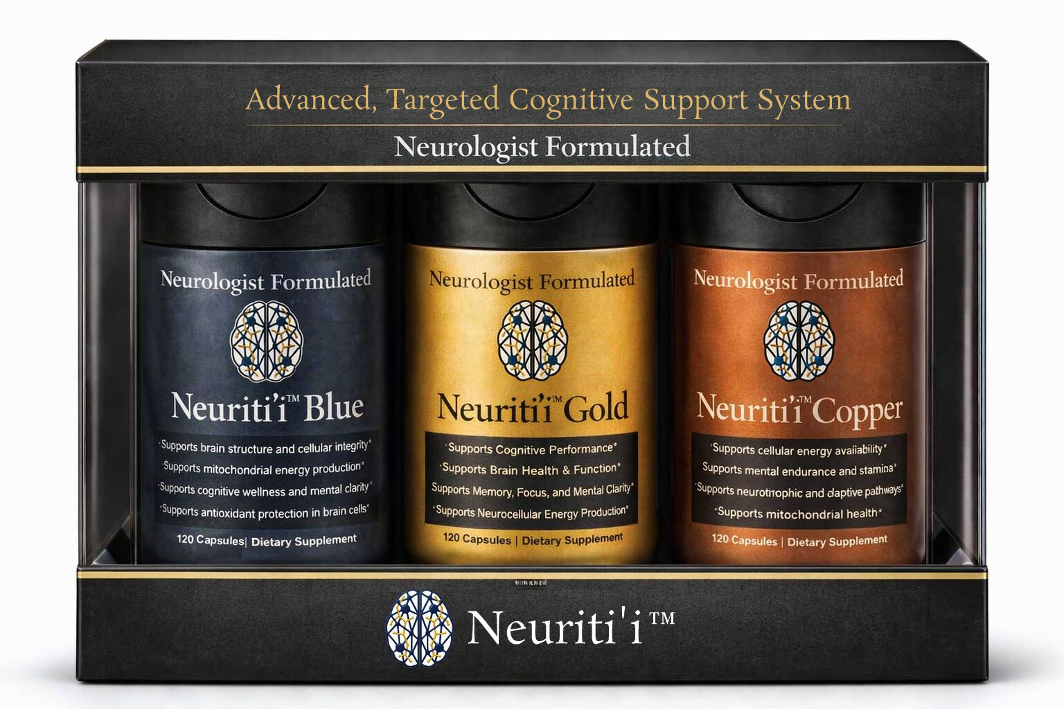 The Neuriti'i Collection — Blue, Gold, and Copper formulations together